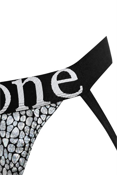Erkek Fantezi Arkası Açık Silver Mozaik Desenli Deri Jockstrap