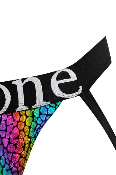 Erkek Fantezi Arkası Açık Rainbow Mozaik Desenli Deri Jockstrap