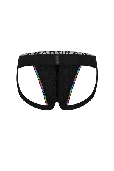 Erkek Fantezi Arkası Açık Rainbow Mozaik Desenli Deri Jockstrap
