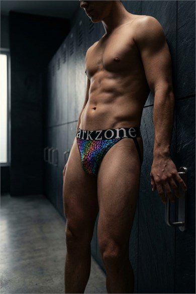 Erkek Fantezi Arkası Açık Rainbow Mozaik Desenli Deri Jockstrap
