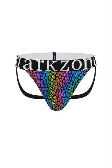 Erkek Fantezi Arkası Açık Rainbow Mozaik Desenli Deri Jockstrap