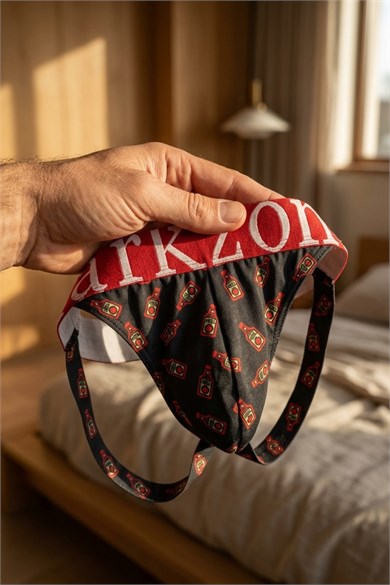Erkek Fantezi Arkası Açık Ketçap Desenli Jockstrap