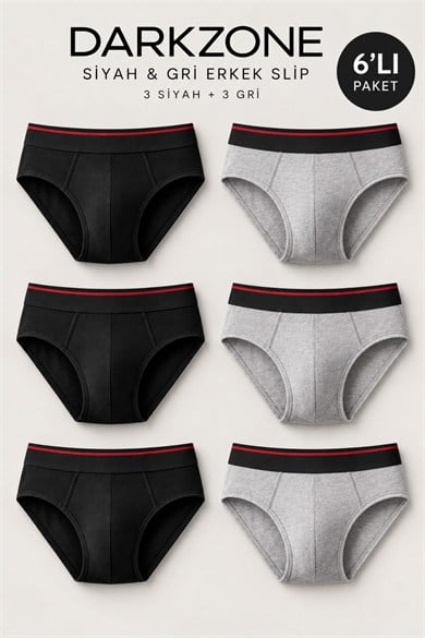Erkek 6lı Lastikli Siyah-Gri Slip - DZNDF6002