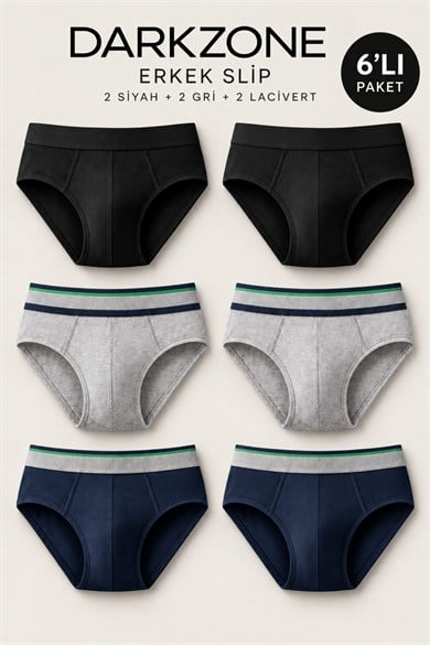 Erkek 6lı Lastikli Siyah-Gri-Lacivert Slip - DZNDF6004