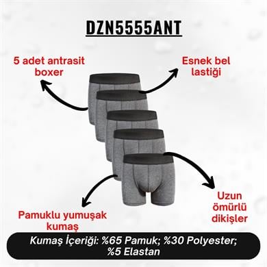 Erkek Boxer Antrasit 5li Set - DZN5555ANT