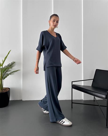 Antrasit V Yaka Oys Oversize Yüksek Bel Takım 