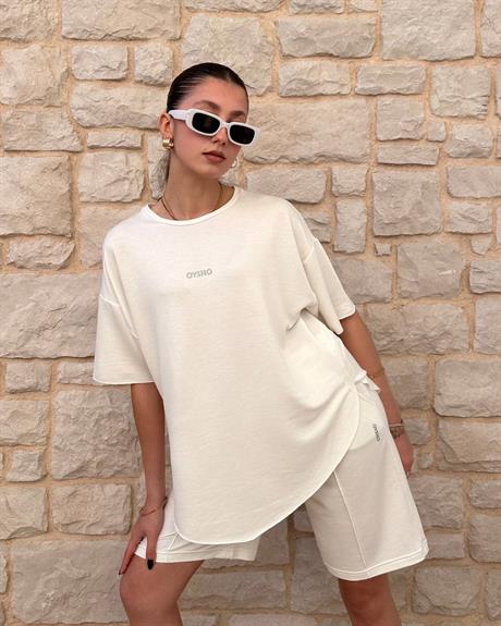 Beyaz Oys Oversize Şort Takım 