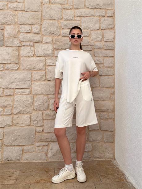 Beyaz Oys Oversize Şort Takım 
