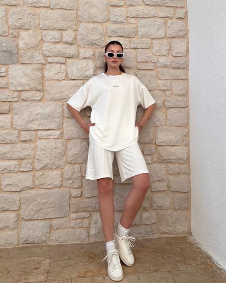 Beyaz Oys Oversize Şort Takım 