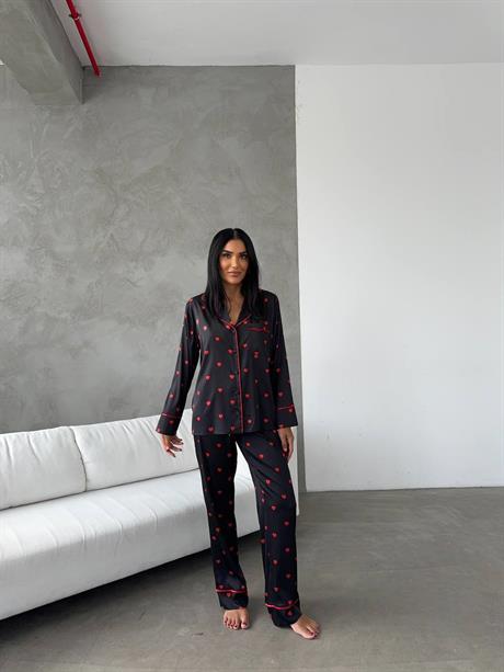 Kırmızı Kalpli Gömlek Beli Lastikli Pijama Takımı