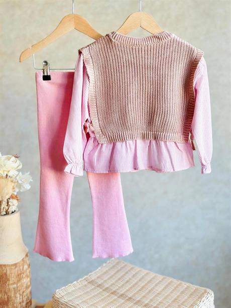 Kız Çocuk Kahve Triko Pembe Gömlekli Set Takım