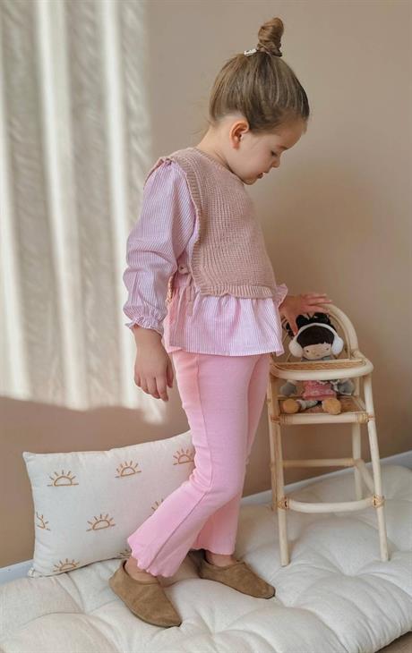 Kız Çocuk Kahve Triko Pembe Gömlekli Set Takım