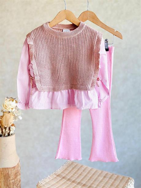 Kız Çocuk Kahve Triko Pembe Gömlekli Set Takım