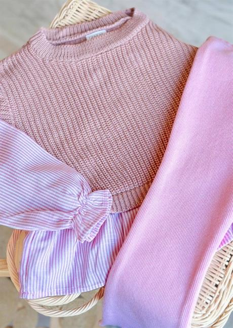 Kız Çocuk Kahve Triko Pembe Gömlekli Set Takım