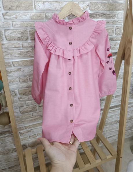 Kolları Nakış Detaylı Pembe Elbise