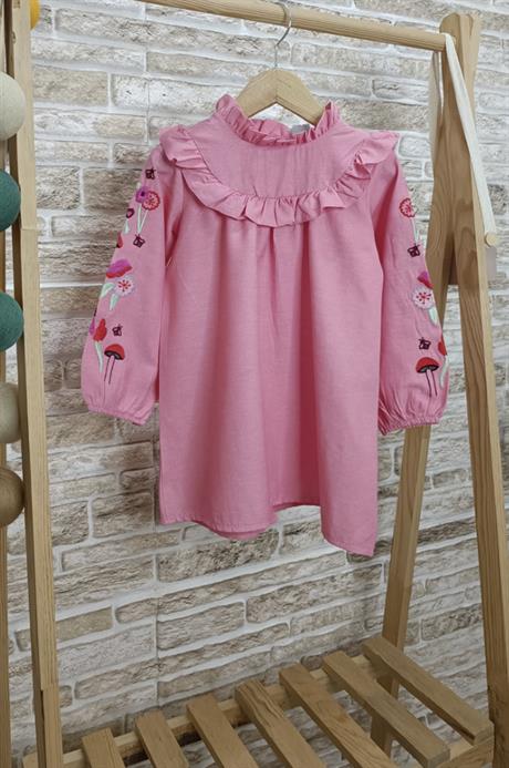 Kolları Nakış Detaylı Pembe Elbise