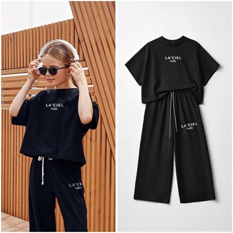 La'ciel Paris Sloganlı Oversize Wide Leg Takım 