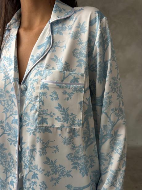 Mavi Çiçekli Gömlek Beli Lastikli Pijama Takımı