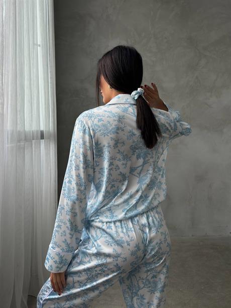 Mavi Çiçekli Gömlek Beli Lastikli Pijama Takımı