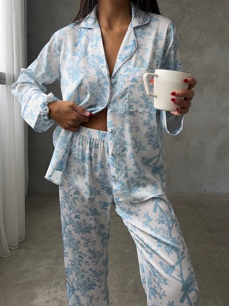 Mavi Çiçekli Gömlek Beli Lastikli Pijama Takımı