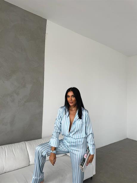 Mavi Çizgili Gömlek Beli Lastikli Pijama Takımı