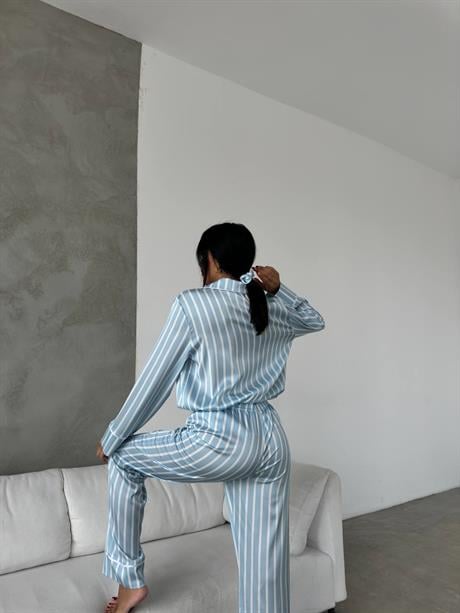 Mavi Çizgili Gömlek Beli Lastikli Pijama Takımı
