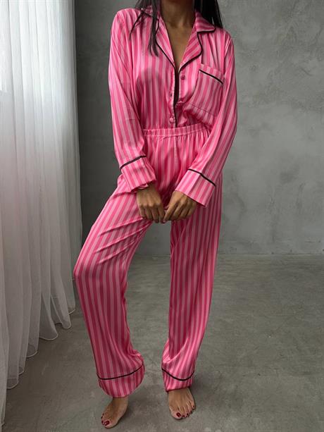 Pembe Çizgili Gömlek Beli Lastikli Pijama Takımı