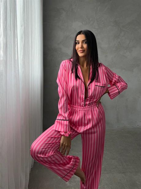 Pembe Çizgili Gömlek Beli Lastikli Pijama Takımı