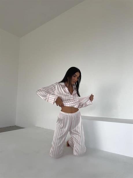 Pudra Gömlek Beli Lastikli Pijama Takımı