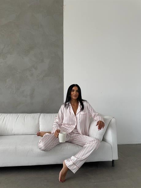 Pudra Gömlek Beli Lastikli Pijama Takımı
