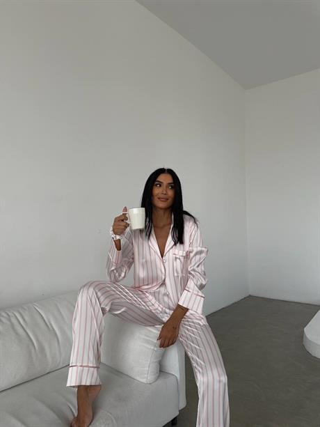 Pudra Gömlek Beli Lastikli Pijama Takımı