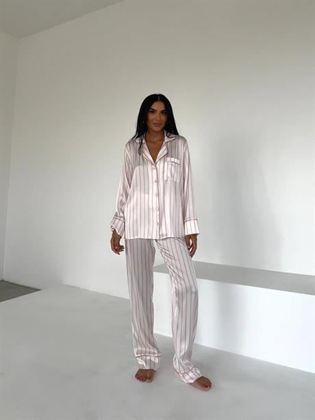 Pudra Gömlek Beli Lastikli Pijama Takımı