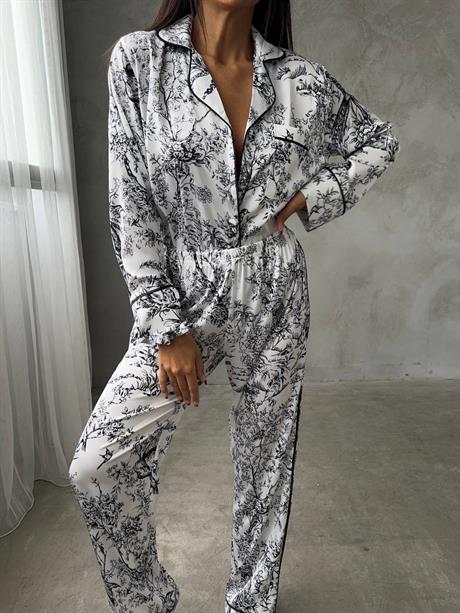 Siyah Çiçekli Gömlek Beli Lastikli Pijama Takımı
