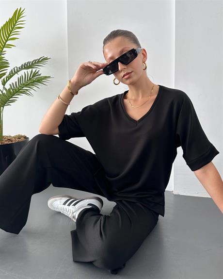 Siyah V Yaka Oys Oversize Yüksek Bel Takım 