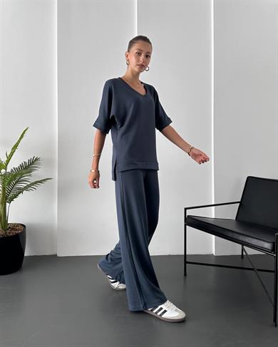 Antrasit V Yaka Oys Oversize Yüksek Bel Takım 