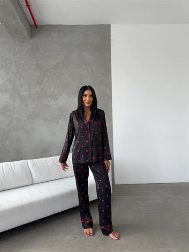 Kırmızı Kalpli Gömlek Beli Lastikli Pijama Takımı