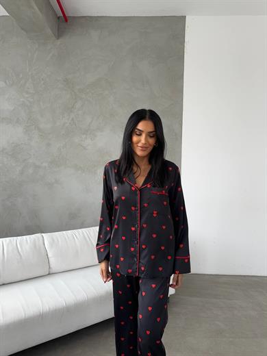 Kırmızı Kalpli Gömlek Beli Lastikli Pijama Takımı