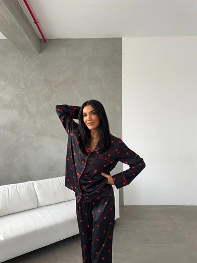 Kırmızı Kalpli Gömlek Beli Lastikli Pijama Takımı