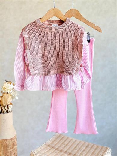Kız Çocuk Kahve Triko Pembe Gömlekli Set Takım