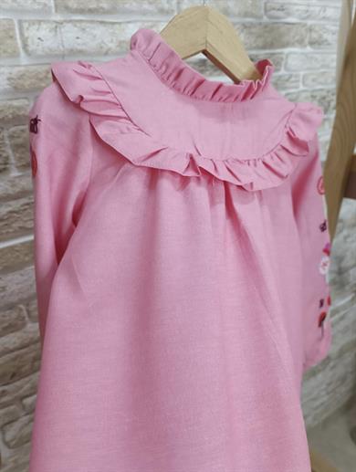 Kolları Nakış Detaylı Pembe Elbise