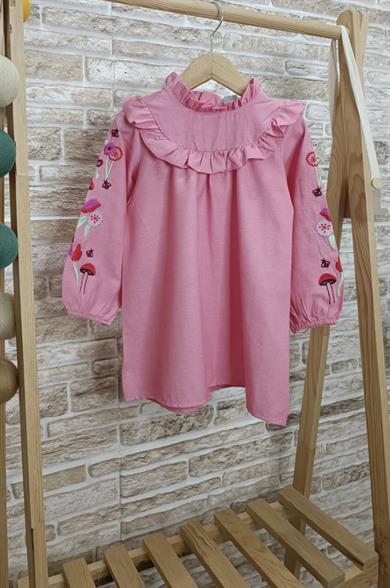 Kolları Nakış Detaylı Pembe Elbise