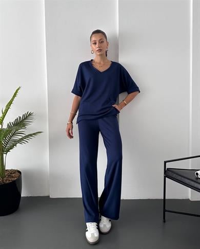 Lacivert V Yaka Oys Oversize Yüksek Bel Takım 