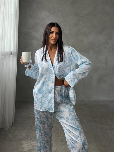 Mavi Çiçekli Gömlek Beli Lastikli Pijama Takımı