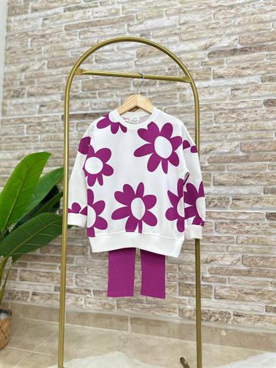 Mor Papatya Baskılı Fitilli Taytlı Takım 
