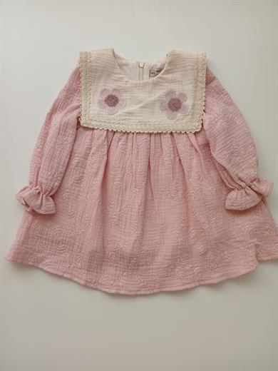 Papatya Nakışlı Müslin Pembe Elbise