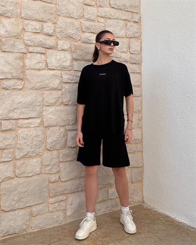 Siyah Oys Oversize Şort Takım 