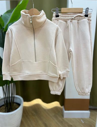 Unisex 3 İplik Ekru Fermuar Detaylı  İkili Takımı