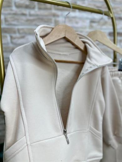 Unisex 3 İplik Ekru Fermuar Detaylı  İkili Takımı