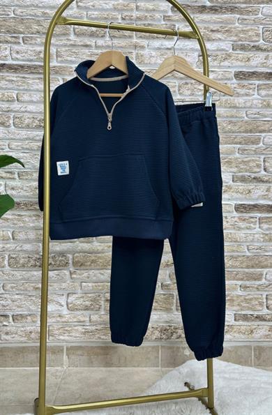 Unisex Çocuk 3 İplik Lacivert Fitilli Yarım Fermuarlı İkili Takım