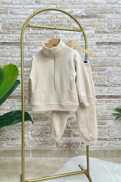 Unisex 3 İplik Ekru Fermuar Detaylı  İkili Takımı